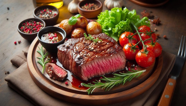 Grilled Steak on a Wooden Platter With Herbs and Spices