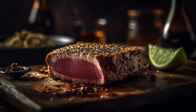 Grilled steak on wooden table ready to eat with selective focus generated by artificial intelligence