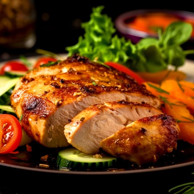 Grilled tasty chicken breast fillet and fresh vegetable salad