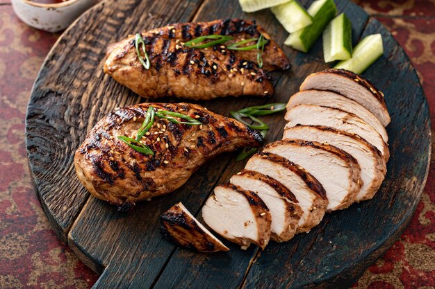 Grilled teriyaki chicken breast sliced on a board with green onions