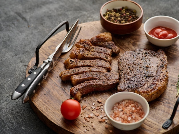 Grilled top sirloin or cup rump beef meat steak on wooden board Dark background Picanha steak