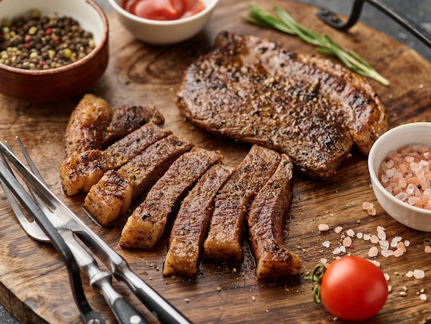 Grilled top sirloin or cup rump beef meat steak on wooden board Dark background Picanha steak