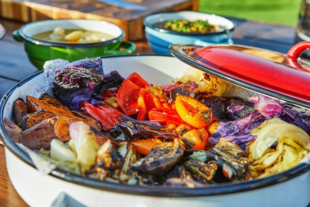 Grilled vegetables in bowl served as buffet