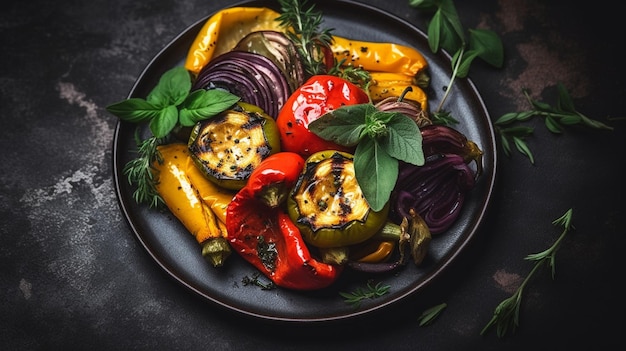 Grilled vegetables colorful bell pepper zucchini eggplant with basil and dry herbs Generative AI