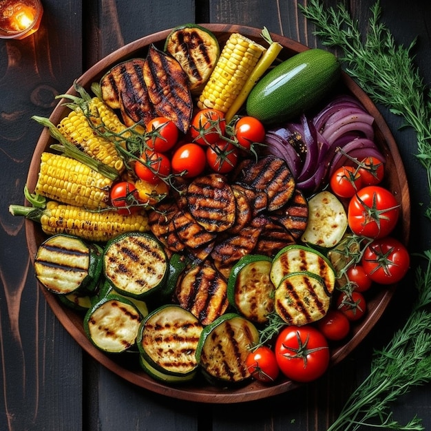 Grilled vegetables colorful bell pepper zucchini eggplant with basil and dry herbs on a plate over d