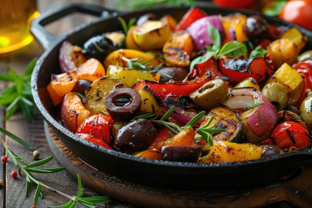 Grilled vegetables and olives on iron pan