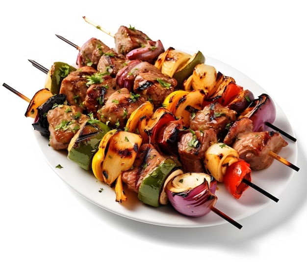 Grilled vegetables and savory delicate kebabs with marinated beef Generative AI