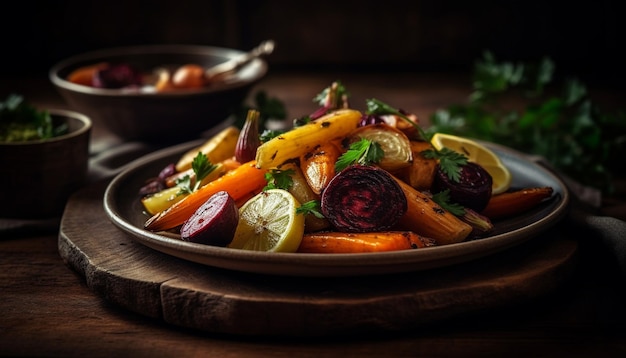 Grilled vegetarian meal on rustic wooden plate generated by AI