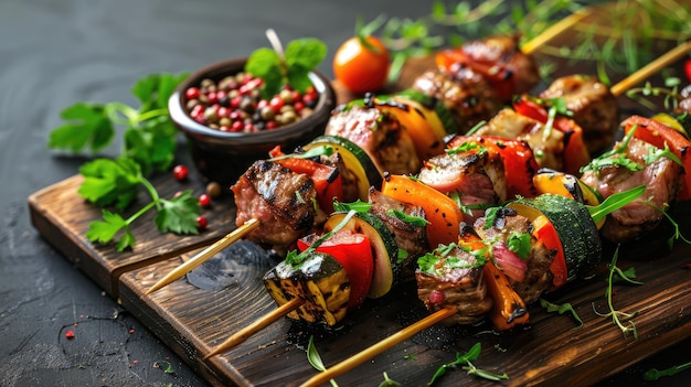 Photo grilled veggie and meat skewers on wooden board with herbs spices