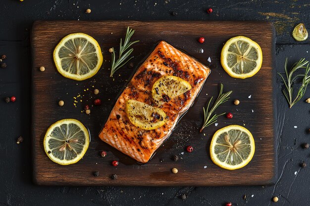 Photo grilled whole fish with roasted potatoes lemon slices and rosemary on wooden board