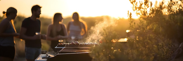 Photo grilling barbecue with friends at sunset