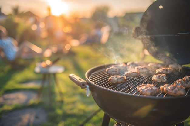 Photo grilling meat on bbq at sunset outdoor summer vibe