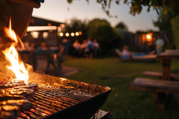 Photo grilling meat on fire summer backyard party