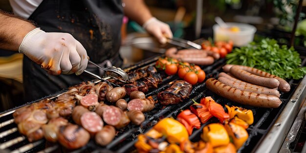 Grilling Meat Sausages and Vegetables with Gloves on Concept Outdoor Cooking BBQ Essentials Grilling Techniques Food Prep Presentation