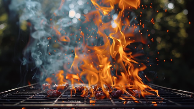 Grilling Meatballs on Flaming BBQ Grill with Smoke and Fire Outdoors