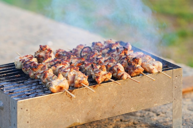 Grilling shashlik on smoky charcoal grill