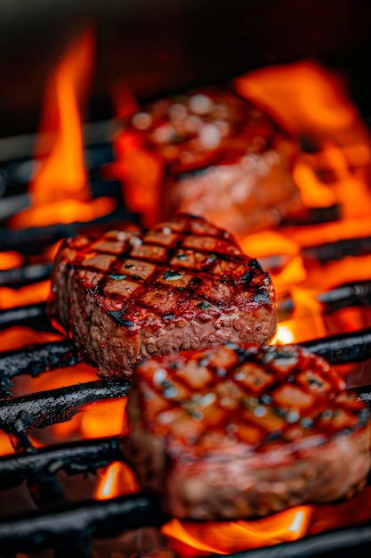 grilling steaks on flaming grill background