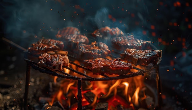 Photo grilling steaks over open flames at night in a backyard setting