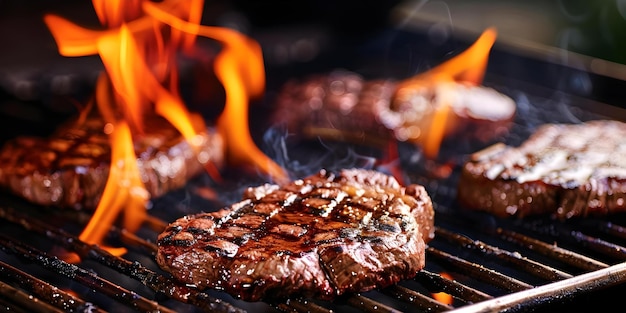 Grilling Steaks with Caramelized Juices Flames Dancing Around Concept Grilling Steaks Caramelized juices Flames Outdoor dining