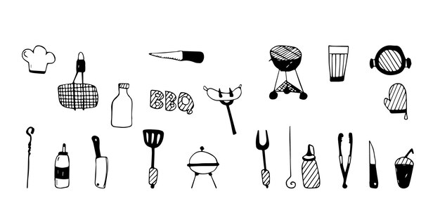 Photo grilling tools and accessories doodle elements cooking picnic