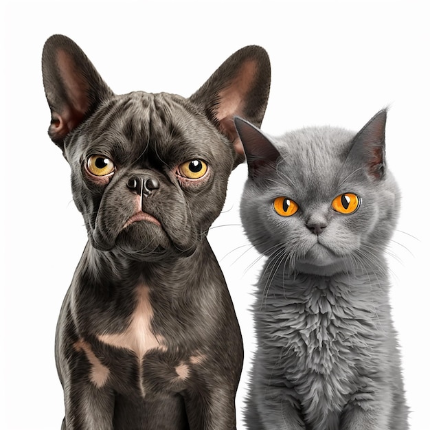 Grim angry dog and grim angry cat look at each other on white background closeup funny