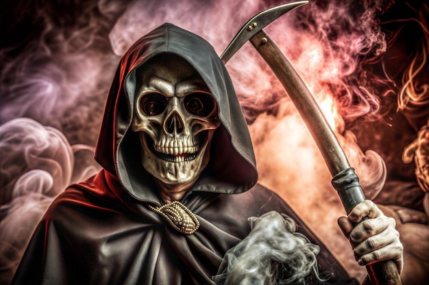 Photo grim reaper cloaked in smoke holding scythe amid mysterious fiery background