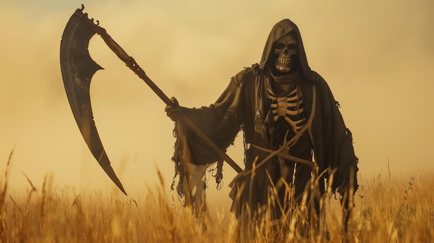 Grim Reaper in field with scythe scary evil halloween