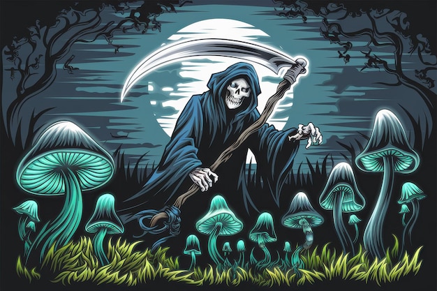 Grim Reaper Glowing Mushrooms Moonlit Forest Halloweenthemed illustration featuring grim reaper