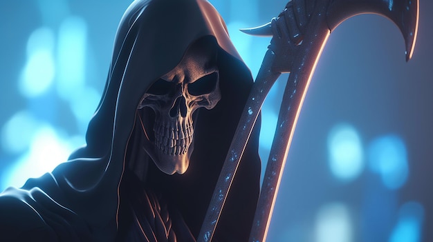 Grim reaper hold deadly scythe digital art illustration Generative AI