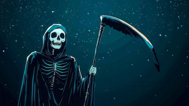 Photo grim reaper holding scythe under night sky illustration