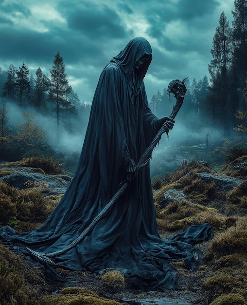 Grim reaper holding scythe standing in foggy forest