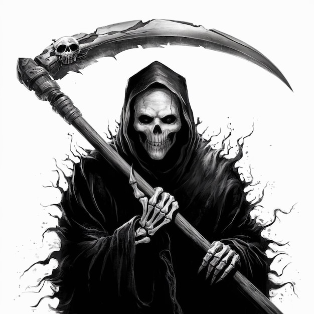 Photo grim reaper holding a scythe with a skeletal hand isolated on white background