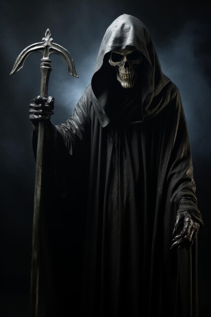 Photo grim reaper in hooded cloak reaching out dark and eerie concept for halloween