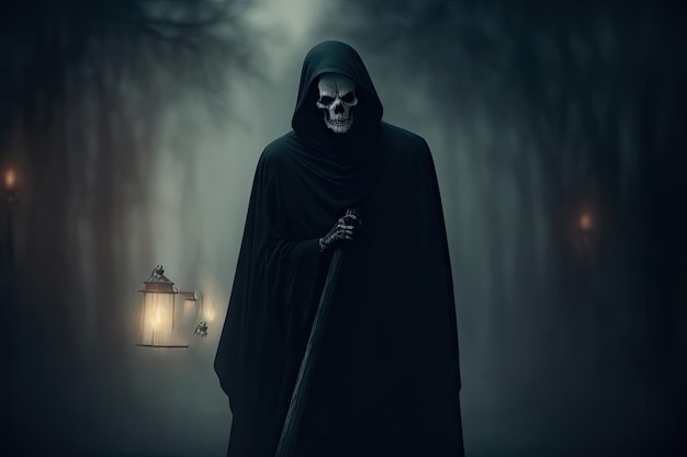 Grim reaper reaching towards the camera over dark misty background with copy space ai generative