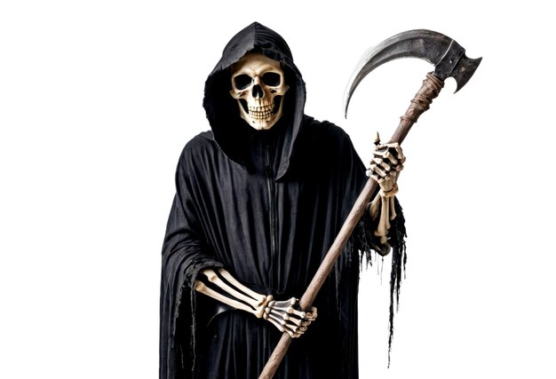 Photo grim reaper skeleton with scythe in black hooded robe isolated on white background spooky figure death and horror halloween dark themes and fearrelated visuals