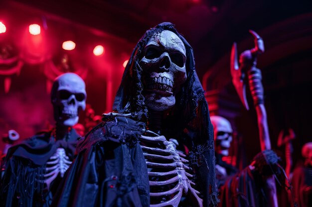 Photo grim reaper and skeletons on stage ai generated