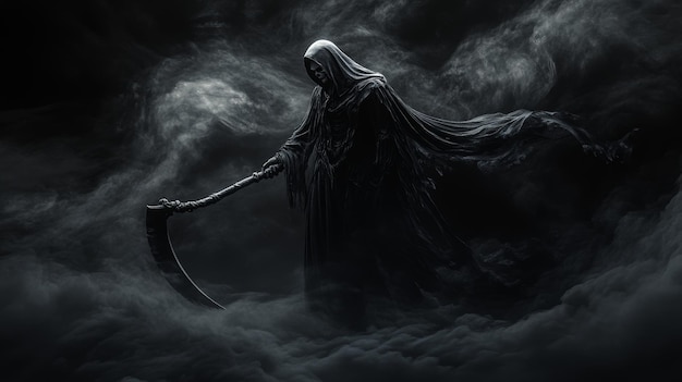 Photo grim reaper with scythe against shadowy black and smoke