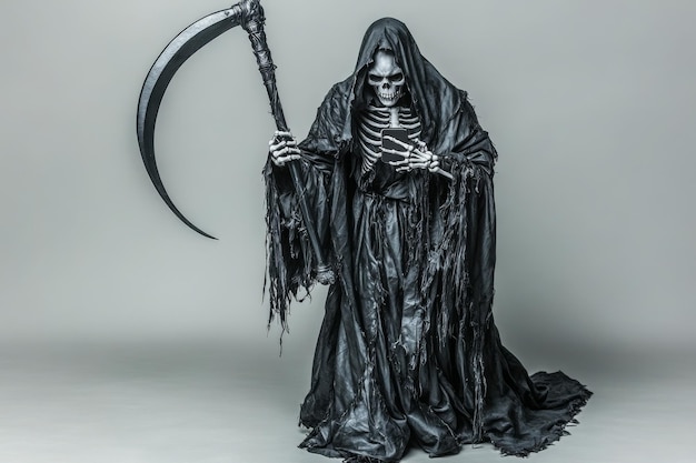 Photo grim reaper with scythe and smartphone