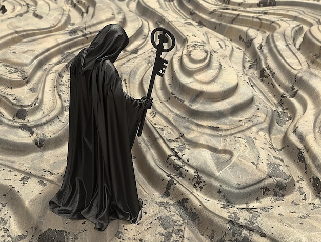 Photo grim reaper with vintage key in a whirlwind