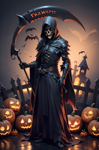 Grimreaper in a black cloak with a scythe in hands is standing next to pumpkins