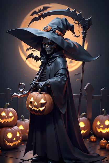 Grimreaper in a black cloak with a scythe in hands is standing next to pumpkins