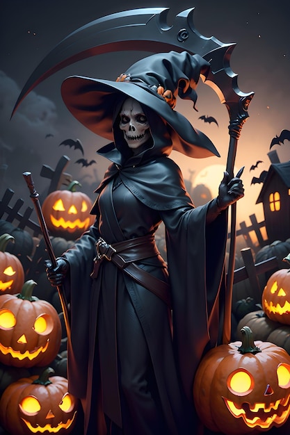 Grimreaper in a black cloak with a scythe in hands is standing next to pumpkins