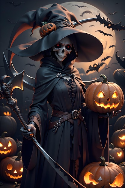 Grimreaper in a black cloak with a scythe in hands is standing next to pumpkins