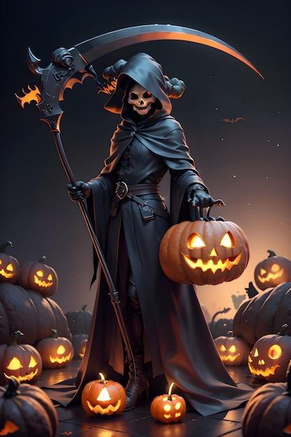 Grimreaper in a black cloak with a scythe in hands is standing next to pumpkins