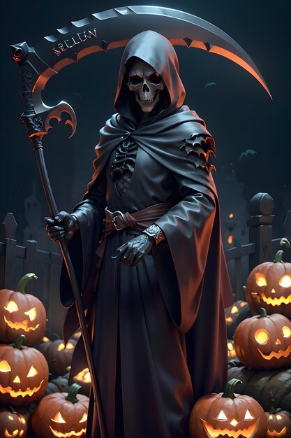 Grimreaper in a black cloak with a scythe in hands is standing next to pumpkins