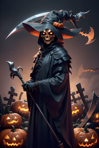 Grimreaper in a black cloak with a scythe in hands is standing next to pumpkins