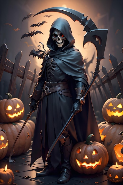 Grimreaper in a black cloak with a scythe in hands is standing next to pumpkins