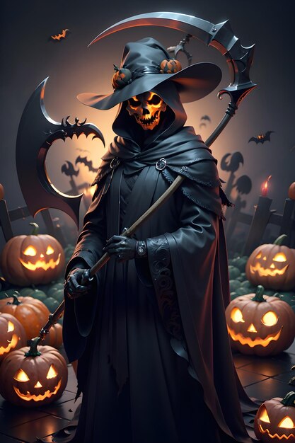 Grimreaper in a black cloak with a scythe in hands is standing next to pumpkins