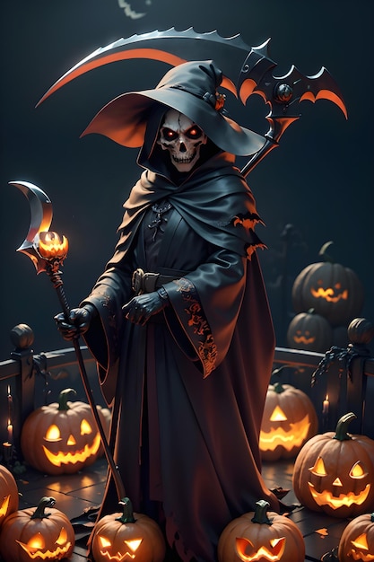 Grimreaper in a black cloak with a scythe in hands is standing next to pumpkins