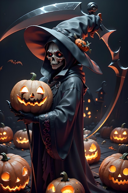 Grimreaper in a black cloak with a scythe in hands is standing next to pumpkins